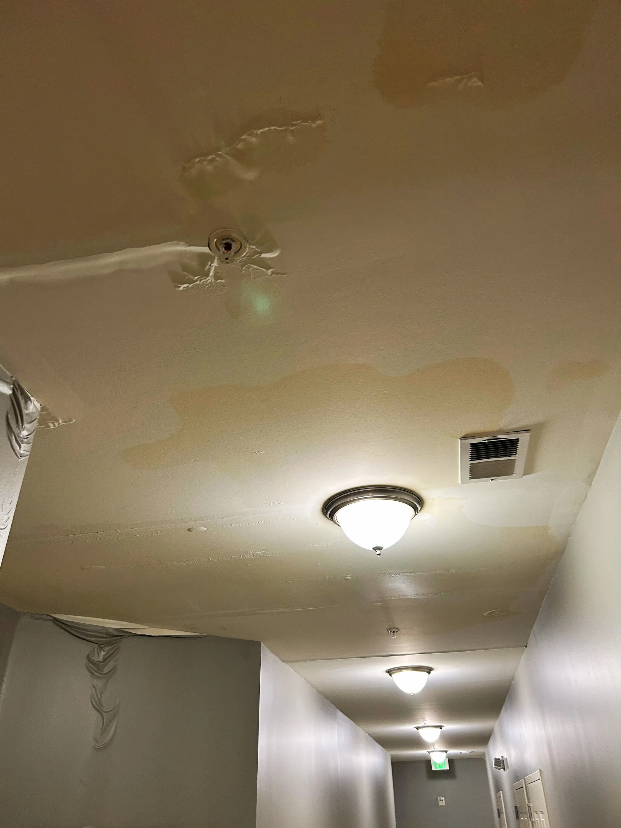 Water damage visible on a hallway ceiling, with staining and bubbling drywall around lights and a sprinkler head. 🚧💧
